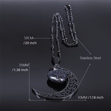 Black Stainless Steel Moon Heart Charm Necklace for Women