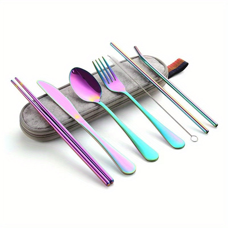 Portable Utensils, Travel Camping Cutlery Set, 8pcs including Knife Fork Spoon Chopsticks Cleaning Brush Straws Portable Case, Stainless Steel Flatware set