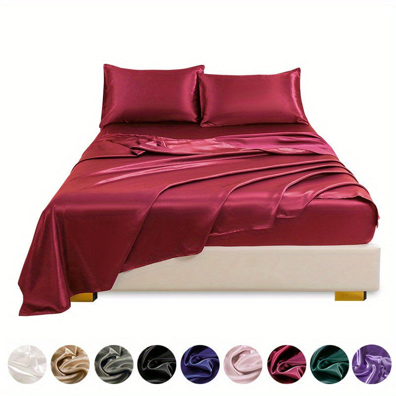 This 4pcs Satin Bed Sheet Set Includes One Fitted Sheet, One Flat Sheet, And Two Pillowcases Without Inserts. The Solid Color Showcases a Simple And Elegant Design That Never Goes Out of Style. Made from Polyester, The Fabric