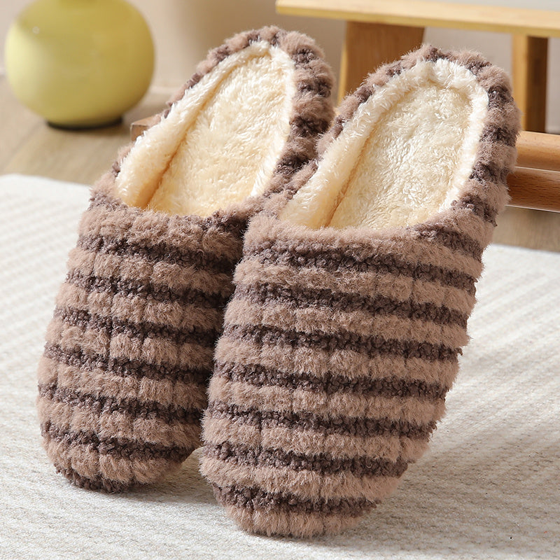 Women's Warm Plush Striped Print House Slippers - Slip-on Round Toe Anti-slip Soft Sole Casual Home Slides - For Women - Perfect for Cozy Winter Nights at Home - Ideal Gift for Her