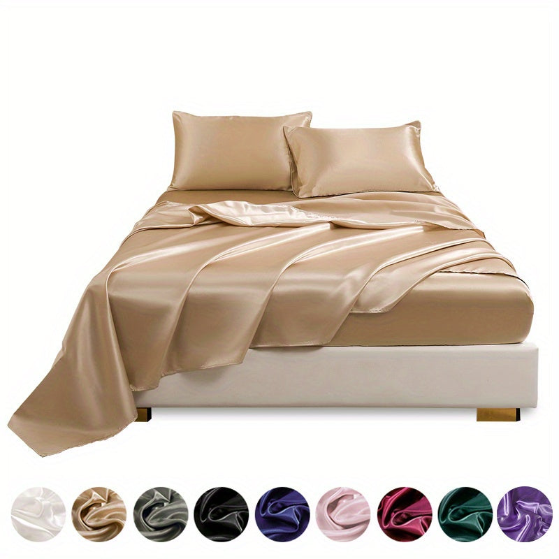 This 4pcs Satin Bed Sheet Set Includes One Fitted Sheet, One Flat Sheet, And Two Pillowcases Without Inserts. The Solid Color Showcases a Simple And Elegant Design That Never Goes Out of Style. Made from Polyester, The Fabric