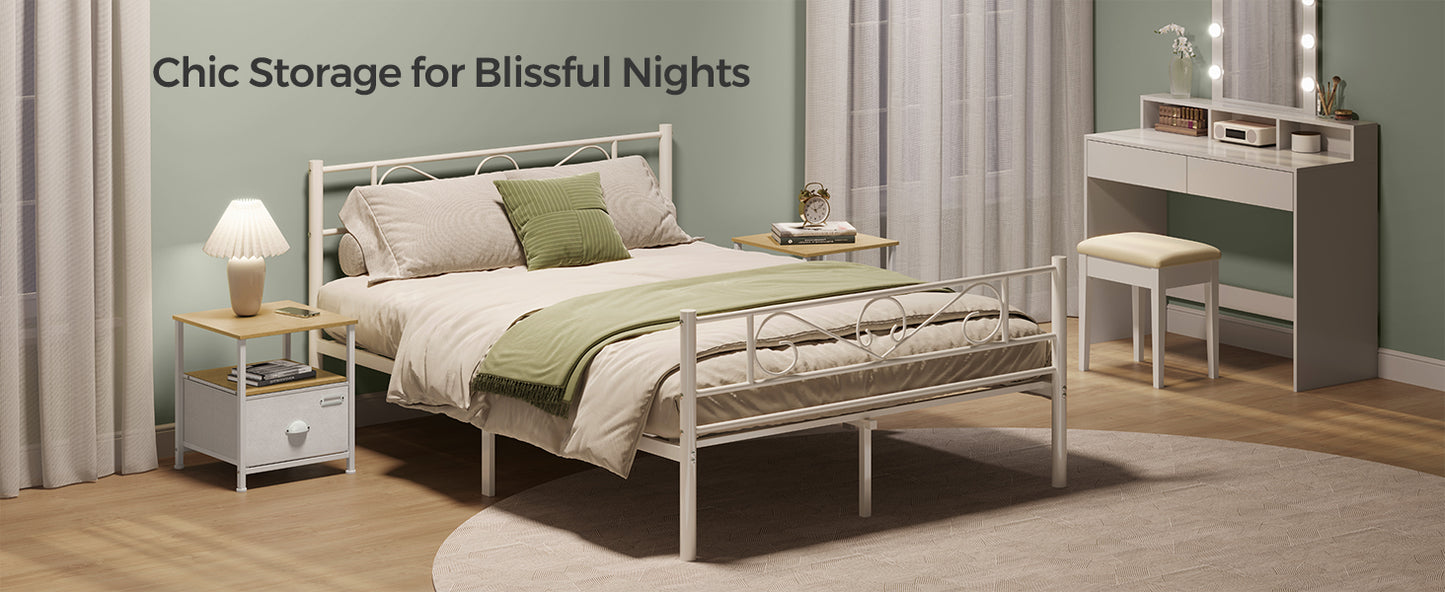 SONGMICS Nightstand, Bedside Table with Storage, Fabric Drawer Dresser, End Table with 2 Shelves, Modern Style