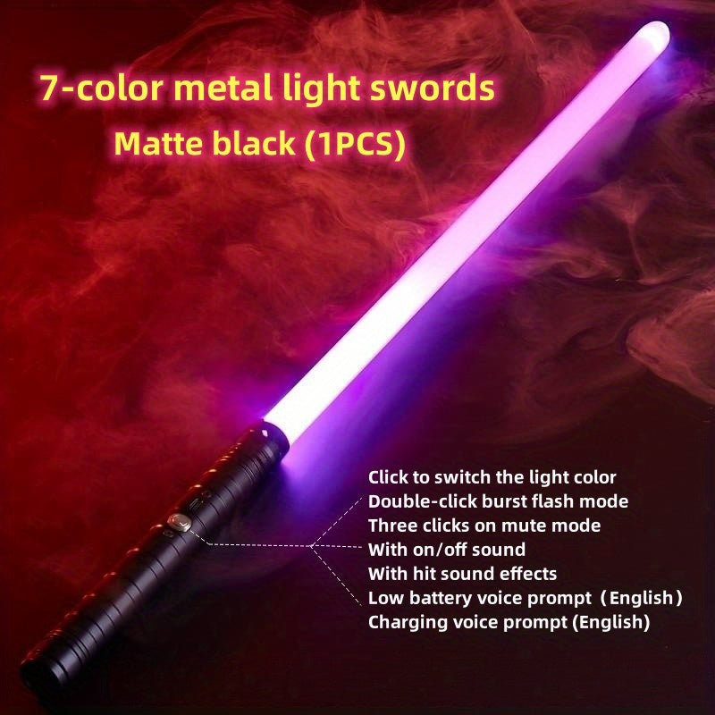 Rechargeable Light Sword, Upgraded Version 7 Colors Metal Handle, 1800mAh 18650 Series Lithium Battery, Aluminum Alloy Material, 2-in-1 with 3 Sound Effects, Light Grey, Black, Golden, Silvery Grey, USB Charging, ≤36V Opera