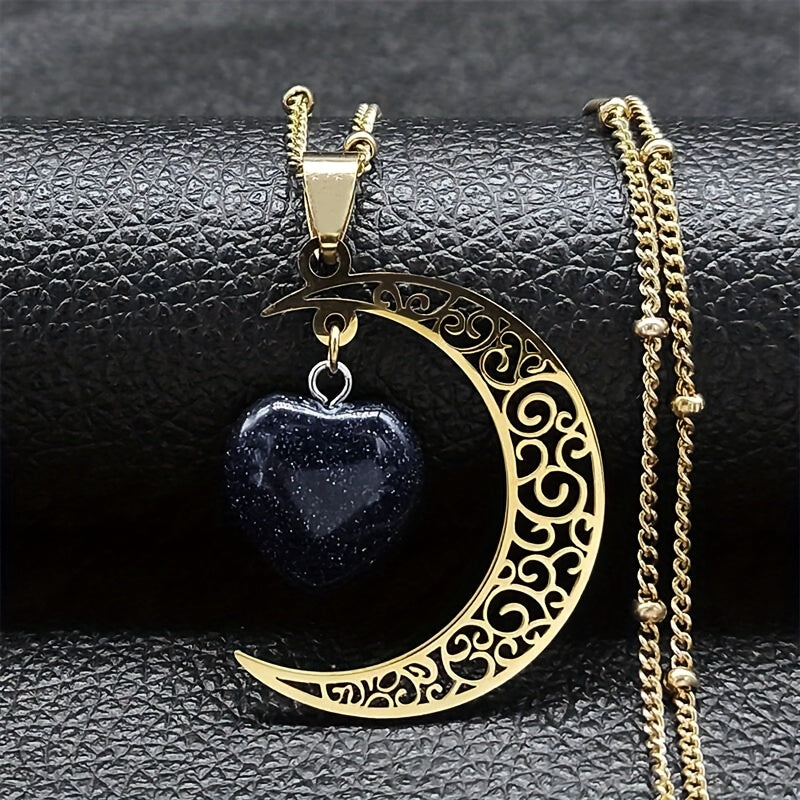 Black Stainless Steel Moon Heart Charm Necklace for Women