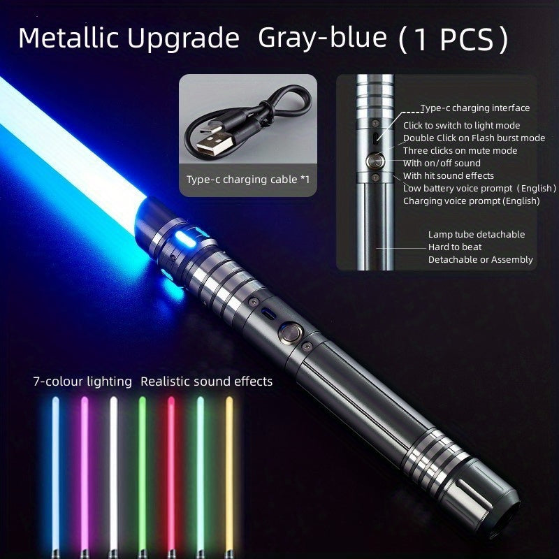 Rechargeable Light Sword, Upgraded Version 7 Colors Metal Handle, 1800mAh 18650 Series Lithium Battery, Aluminum Alloy Material, 2-in-1 with 3 Sound Effects, Light Grey, Black, Golden, Silvery Grey, USB Charging, ≤36V Opera