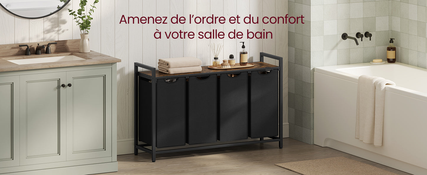 VASAGLE Laundry Basket, 4-Compartment Laundry Hamper, Pull-Out and Removable Laundry Bags, Laundry Sorter, Shelf, Metal Frame