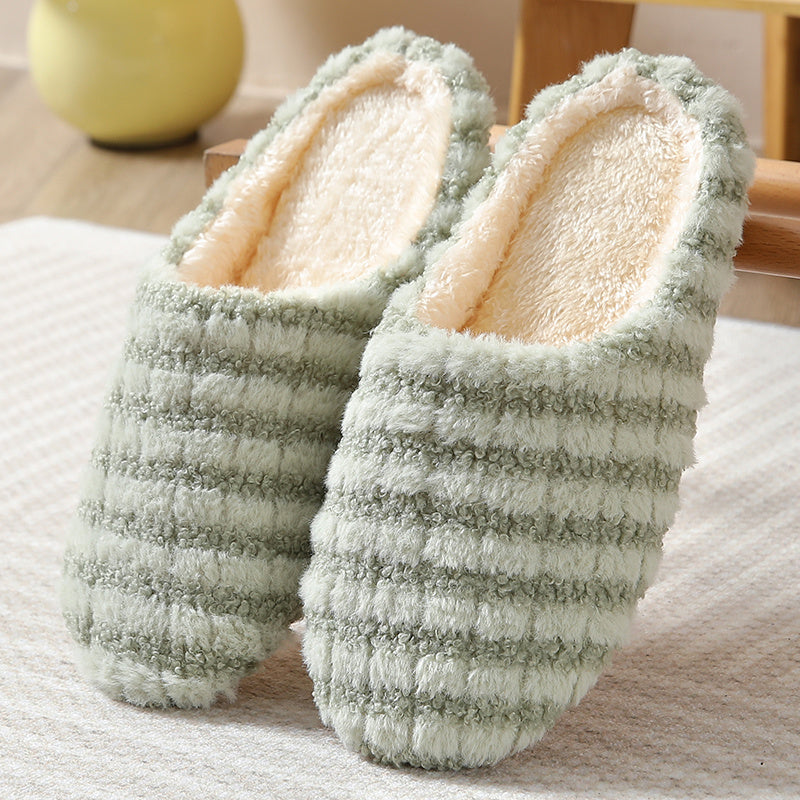 Women's Warm Plush Striped Print House Slippers - Slip-on Round Toe Anti-slip Soft Sole Casual Home Slides - For Women - Perfect for Cozy Winter Nights at Home - Ideal Gift for Her