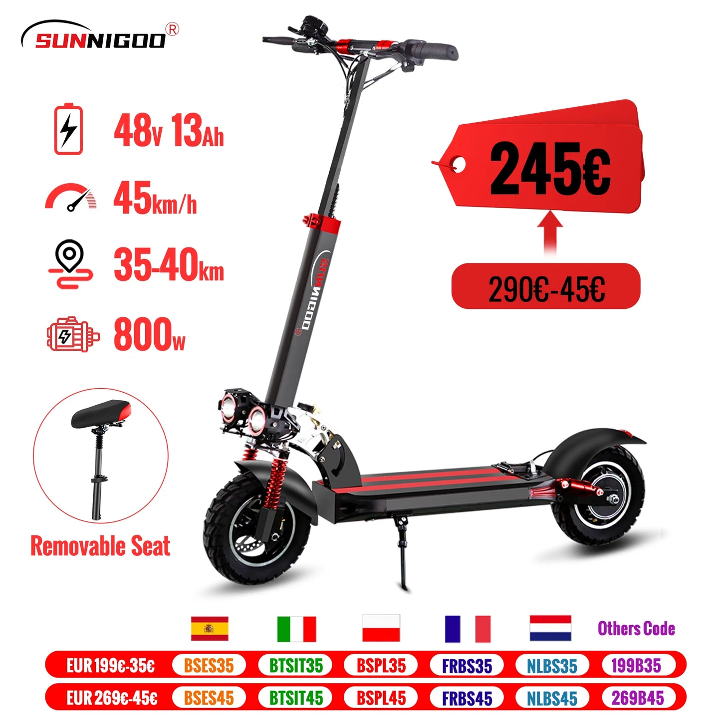 SUNNIGOO Electric Scooter For Adult 10 inch Off-Road 48V Lithium Battery Max Speed 45km/h Removable Seat Foldable E Scooter
