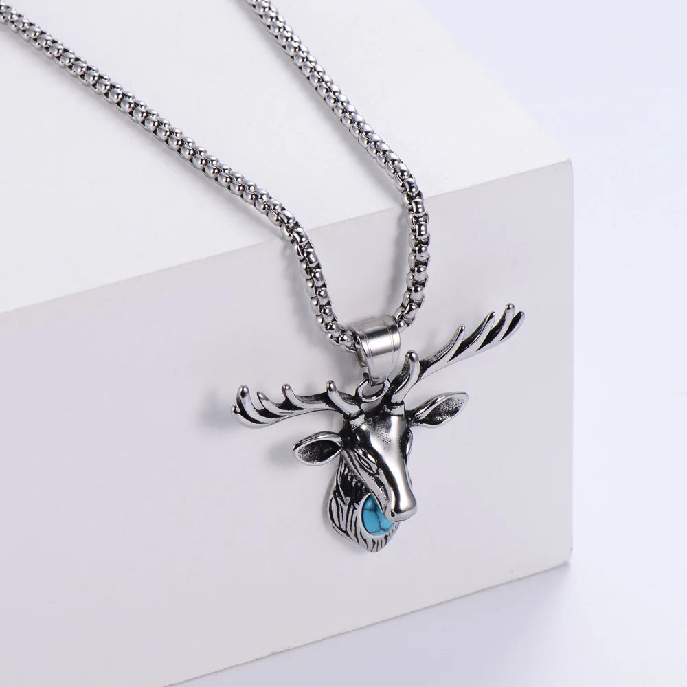 Wholesale High Quality Stainless Steel Vintage 3D Design Deer Antler Elk Head Turquoise Pendant Necklace for Men Women