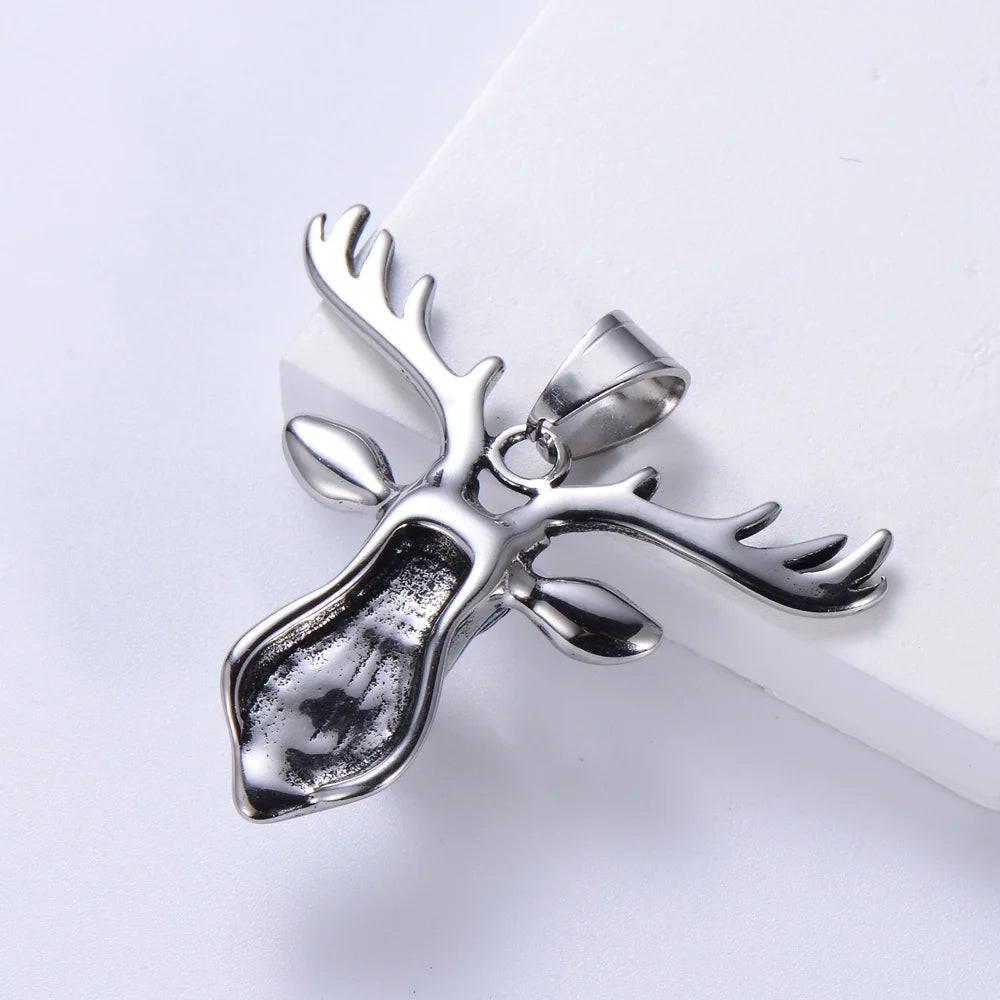 Wholesale High Quality Stainless Steel Vintage 3D Design Deer Antler Elk Head Turquoise Pendant Necklace for Men Women