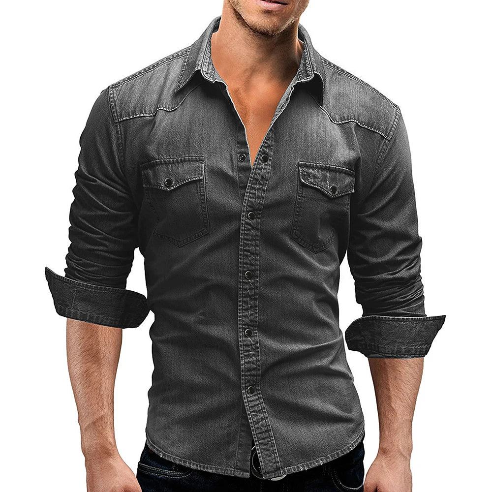 Men’s Slim Fit Denim Shirt Long Sleeve Casual T-Shirt