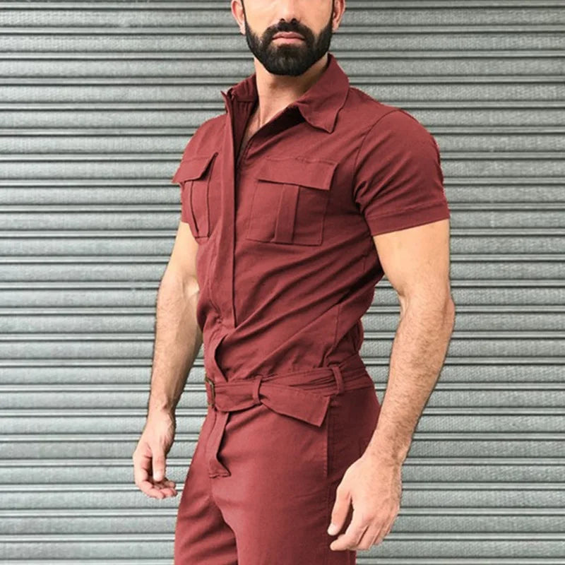 Men’s Casual Jumpsuit – Short Sleeve Belted One-Piece