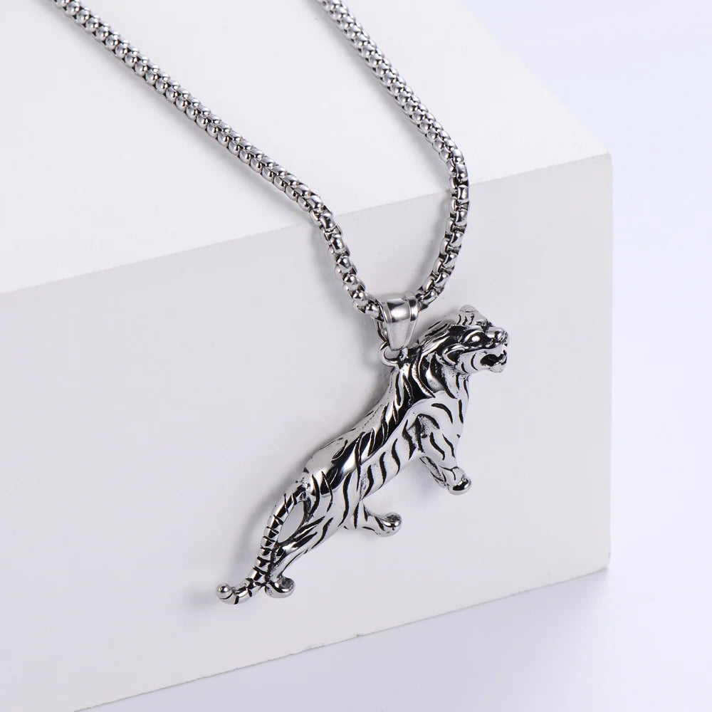 Vintage Hip Hop Tiger Pendant Necklace Stainless Steel Men's Necklace Exaggerated Necklace for Men Gifts for Men