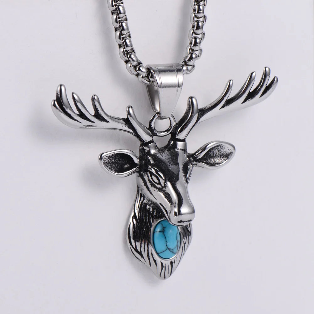 Wholesale High Quality Stainless Steel Vintage 3D Design Deer Antler Elk Head Turquoise Pendant Necklace for Men Women