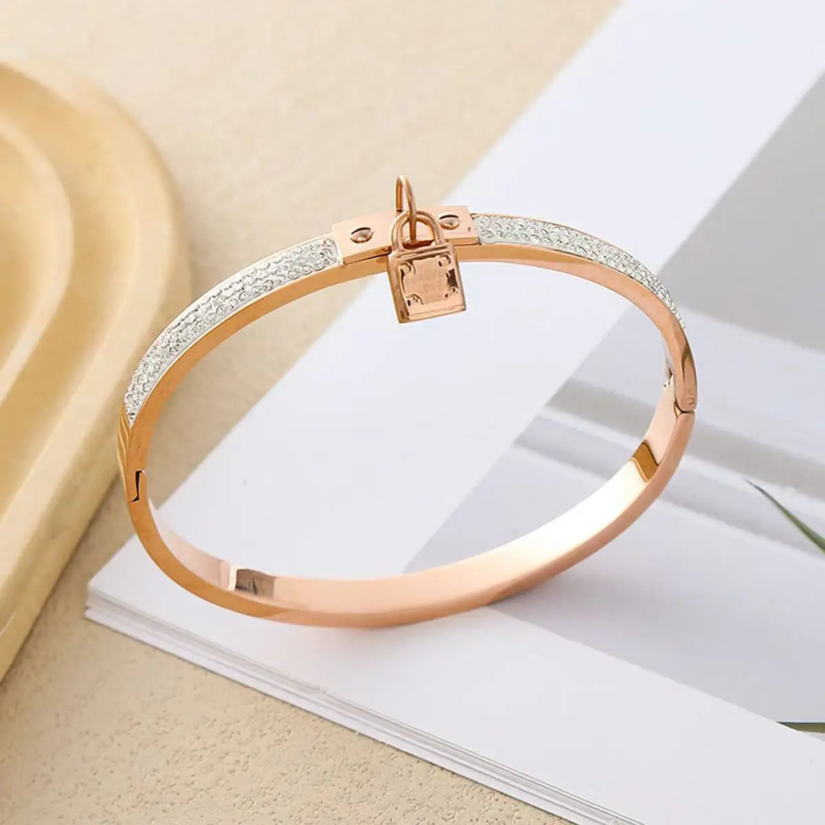 18K Gold Plated Love Lock Zircon Titanium Bracelet