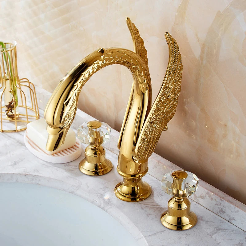 Polished Gold Bathroom Swan Tap Brass Golden Basin Mixer Faucet