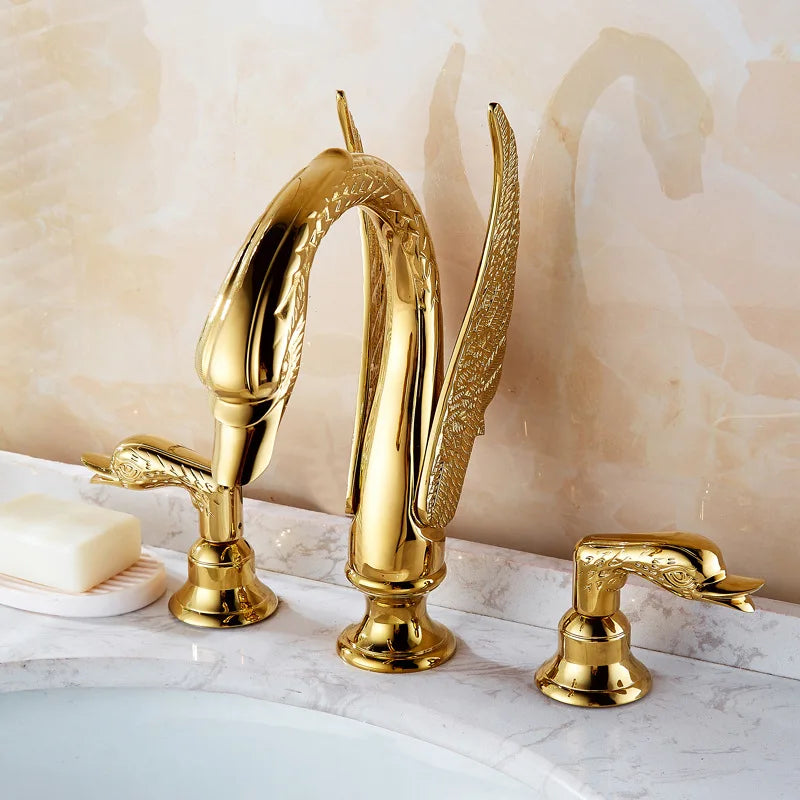 Polished Gold Bathroom Swan Tap Brass Golden Basin Mixer Faucet