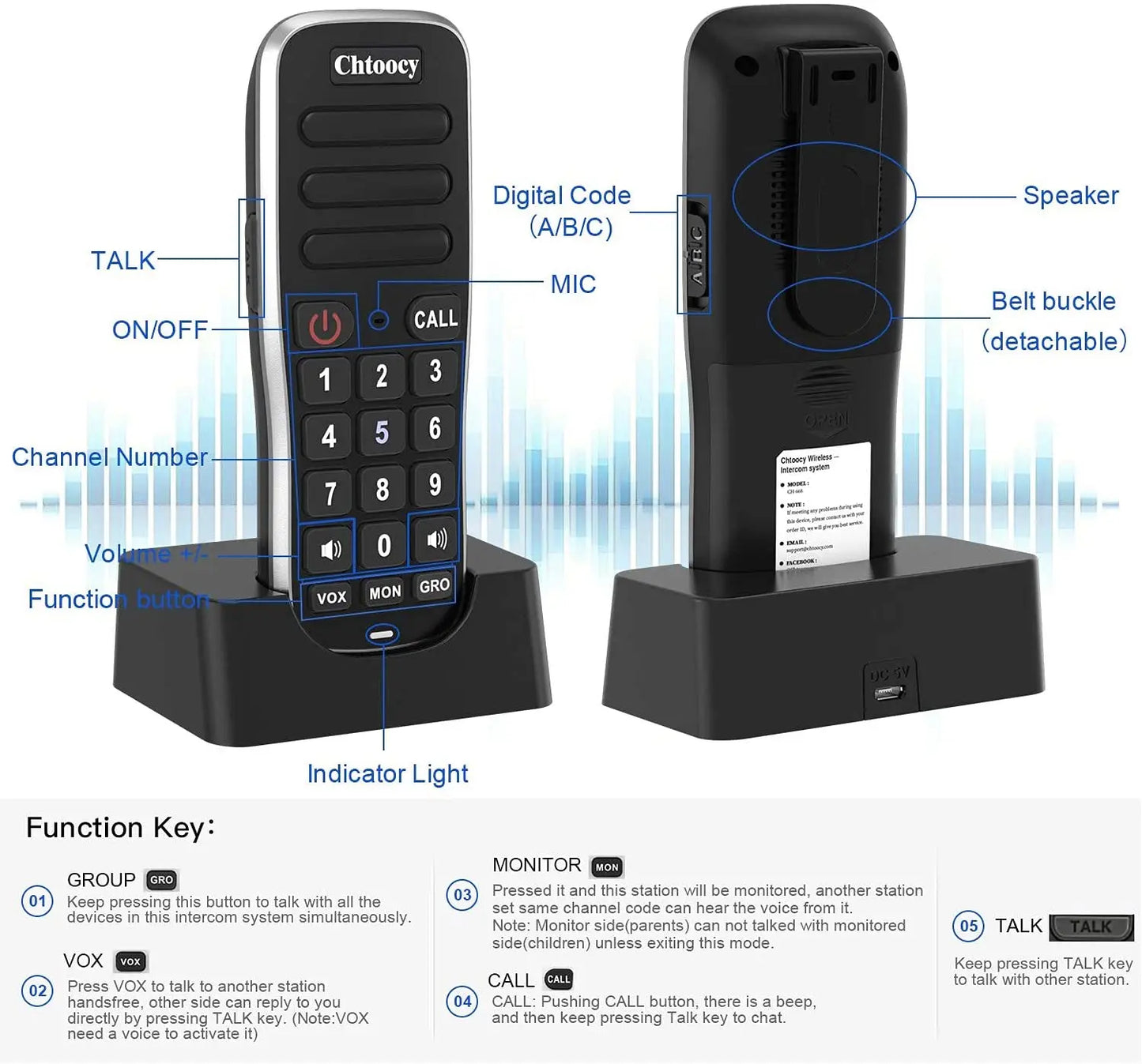Wuloo Headheld FM Wireless Intercom System for Home Business Office 5280Ft Range 10 Channel Call ALL Room To Room Communication