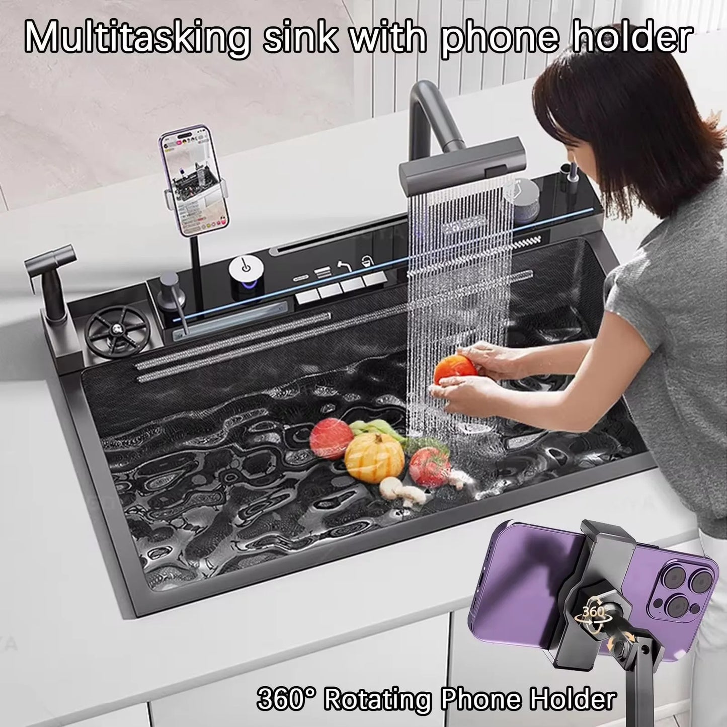 Black Smart Kitchen Faucet with Temp Display & Sprayer