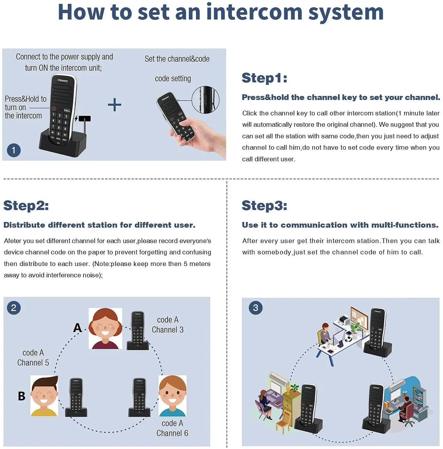Wuloo Headheld FM Wireless Intercom System for Home Business Office 5280Ft Range 10 Channel Call ALL Room To Room Communication