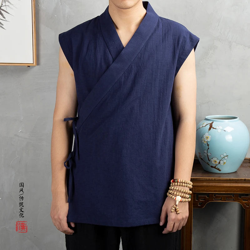 Traditional Chinese Clothing  Hanfu Men Linen cotton sleeveless Jacket mens tang suit Kimono Cardigan Male Open Stitch Coat