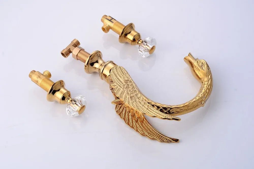 Polished Gold Bathroom Swan Tap Brass Golden Basin Mixer Faucet