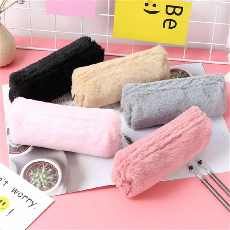 Solid Color Plush Pencil Case School Pencil Cases Bag Stationery Pencilcase Kawaii Pencil Case for Girls School Supplies Tools