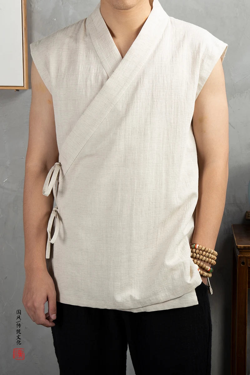 Traditional Chinese Clothing  Hanfu Men Linen cotton sleeveless Jacket mens tang suit Kimono Cardigan Male Open Stitch Coat