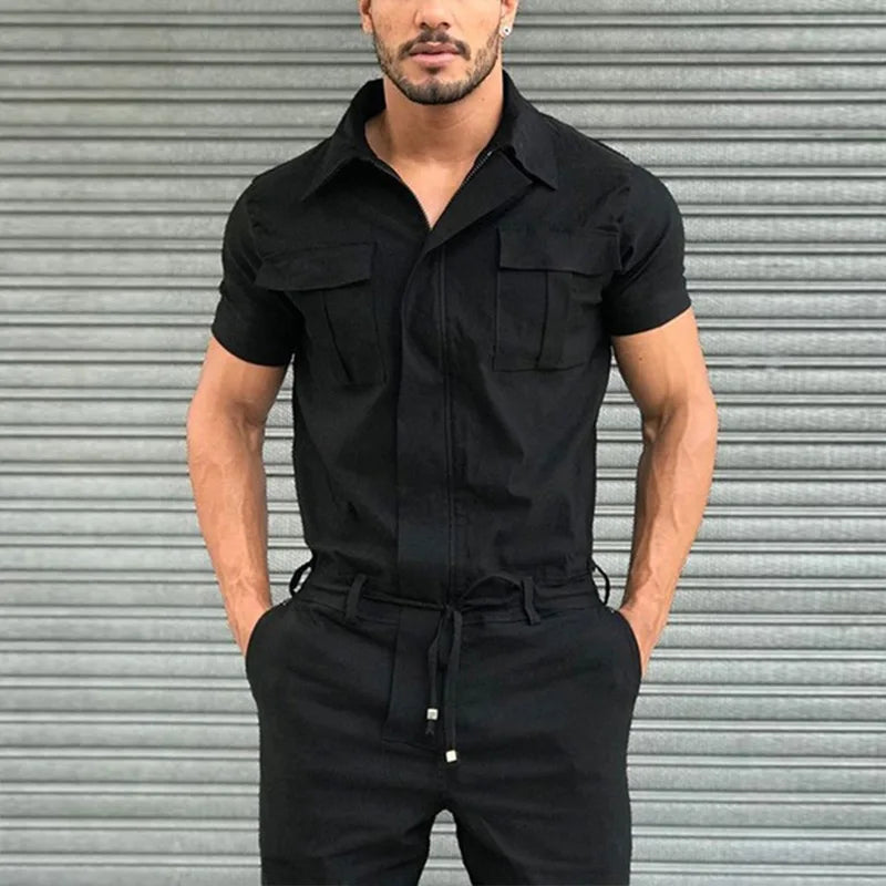 Men’s Casual Jumpsuit – Short Sleeve Belted One-Piece