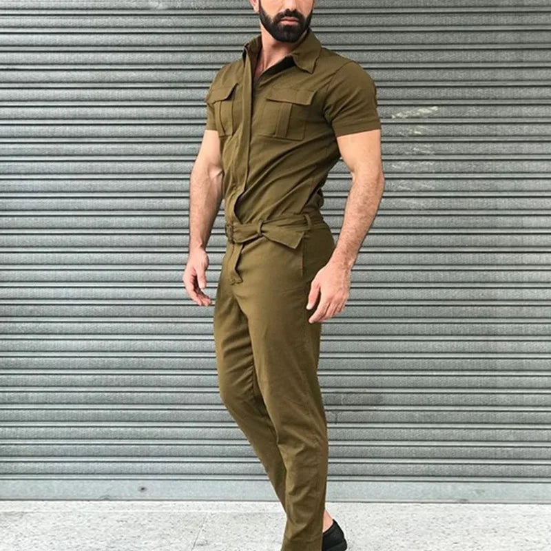 Men’s Casual Jumpsuit – Short Sleeve Belted One-Piece