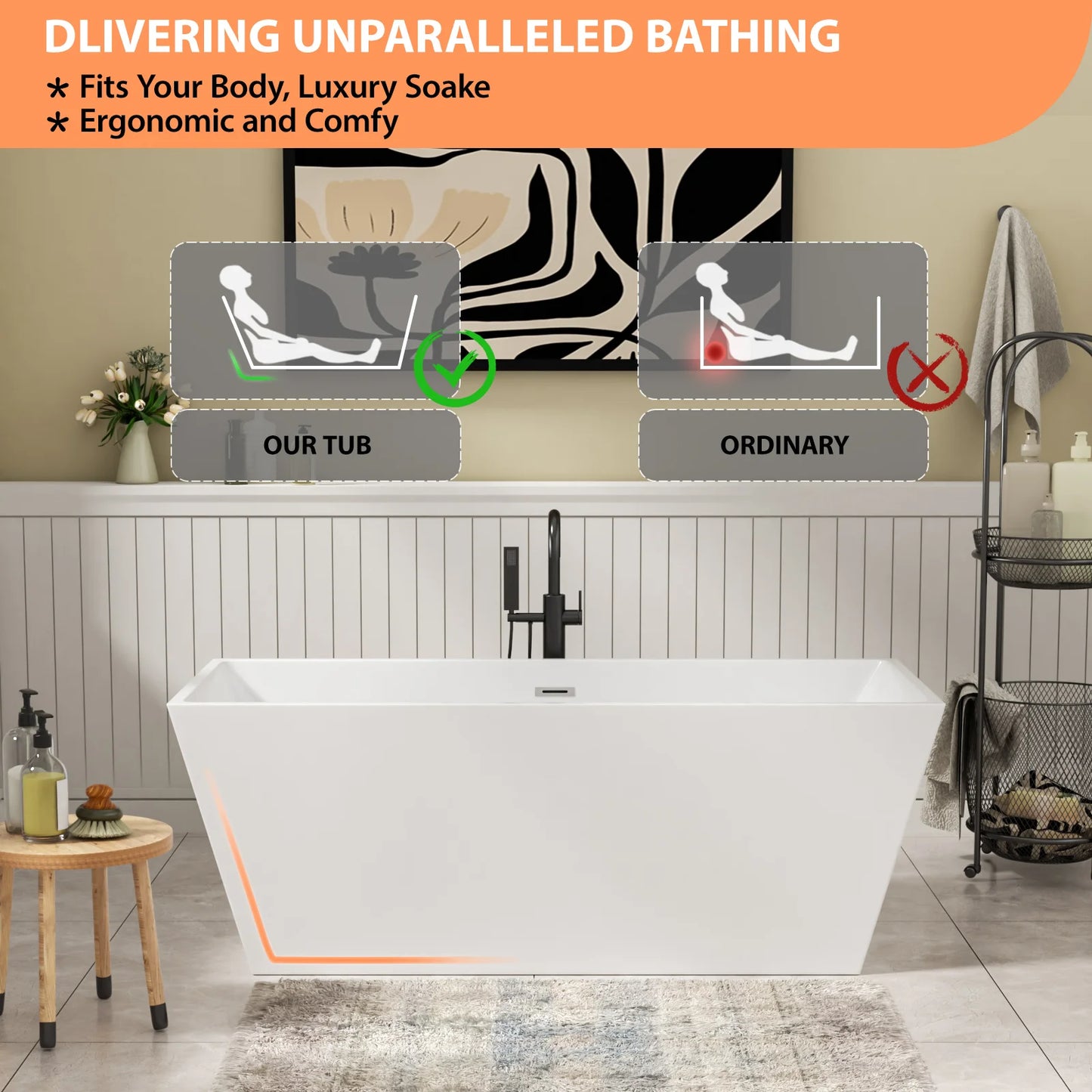 US Stock Modern Design Freestanding White Acrylic Rectangle-Shaped Bathtub with Drain Overflow