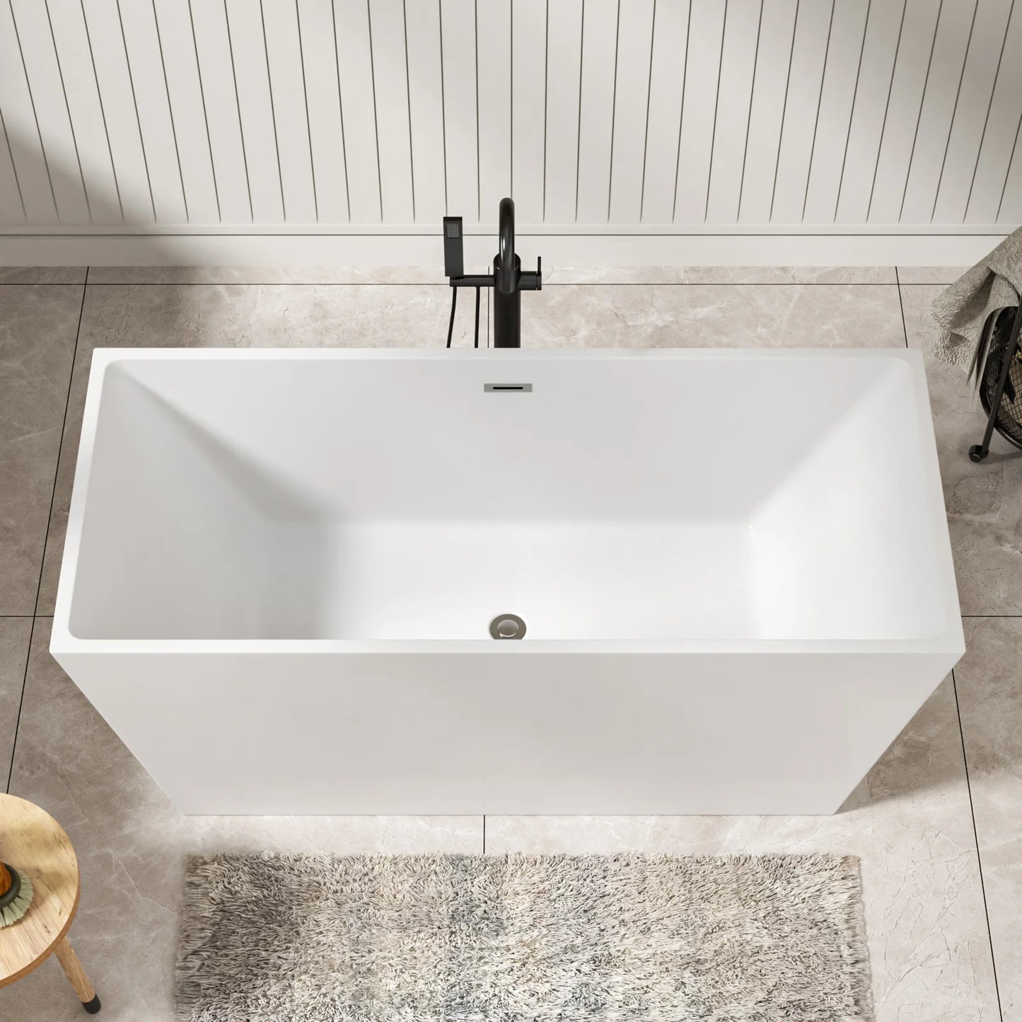 US Stock Modern Design Freestanding White Acrylic Rectangle-Shaped Bathtub with Drain Overflow