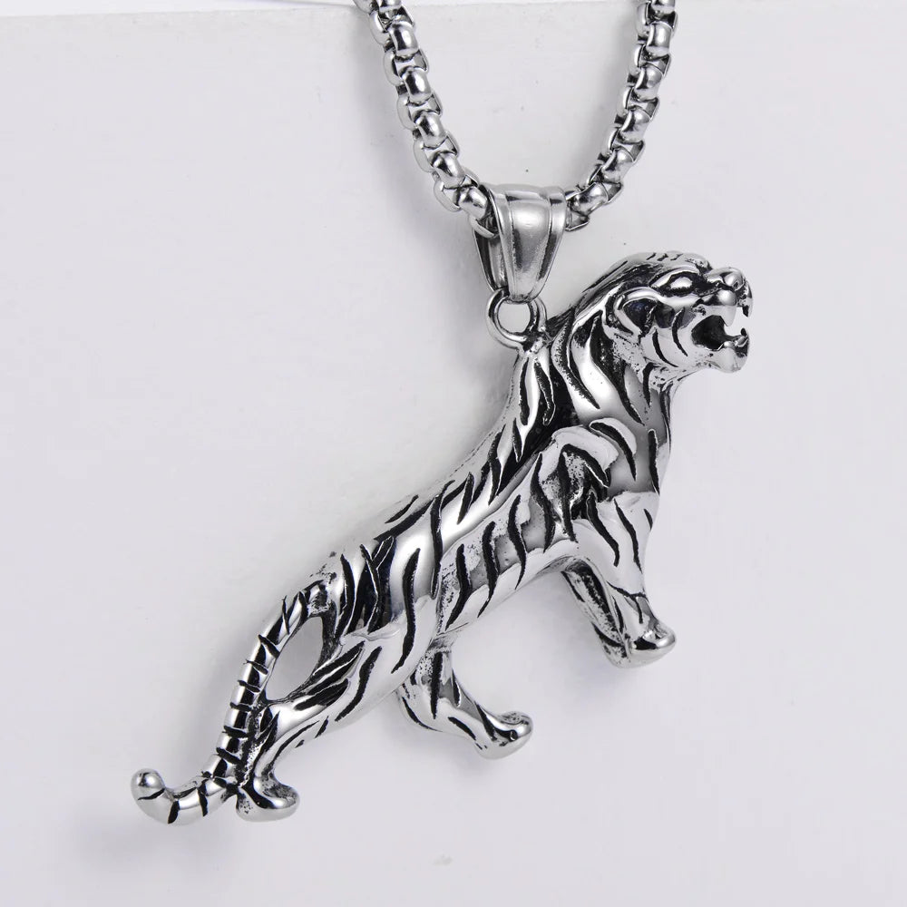 Vintage Hip Hop Tiger Pendant Necklace Stainless Steel Men's Necklace Exaggerated Necklace for Men Gifts for Men