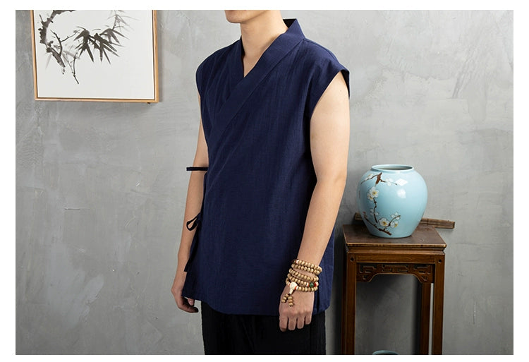 Traditional Chinese Clothing  Hanfu Men Linen cotton sleeveless Jacket mens tang suit Kimono Cardigan Male Open Stitch Coat