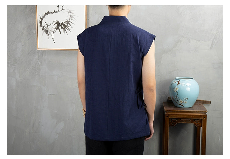 Traditional Chinese Clothing  Hanfu Men Linen cotton sleeveless Jacket mens tang suit Kimono Cardigan Male Open Stitch Coat