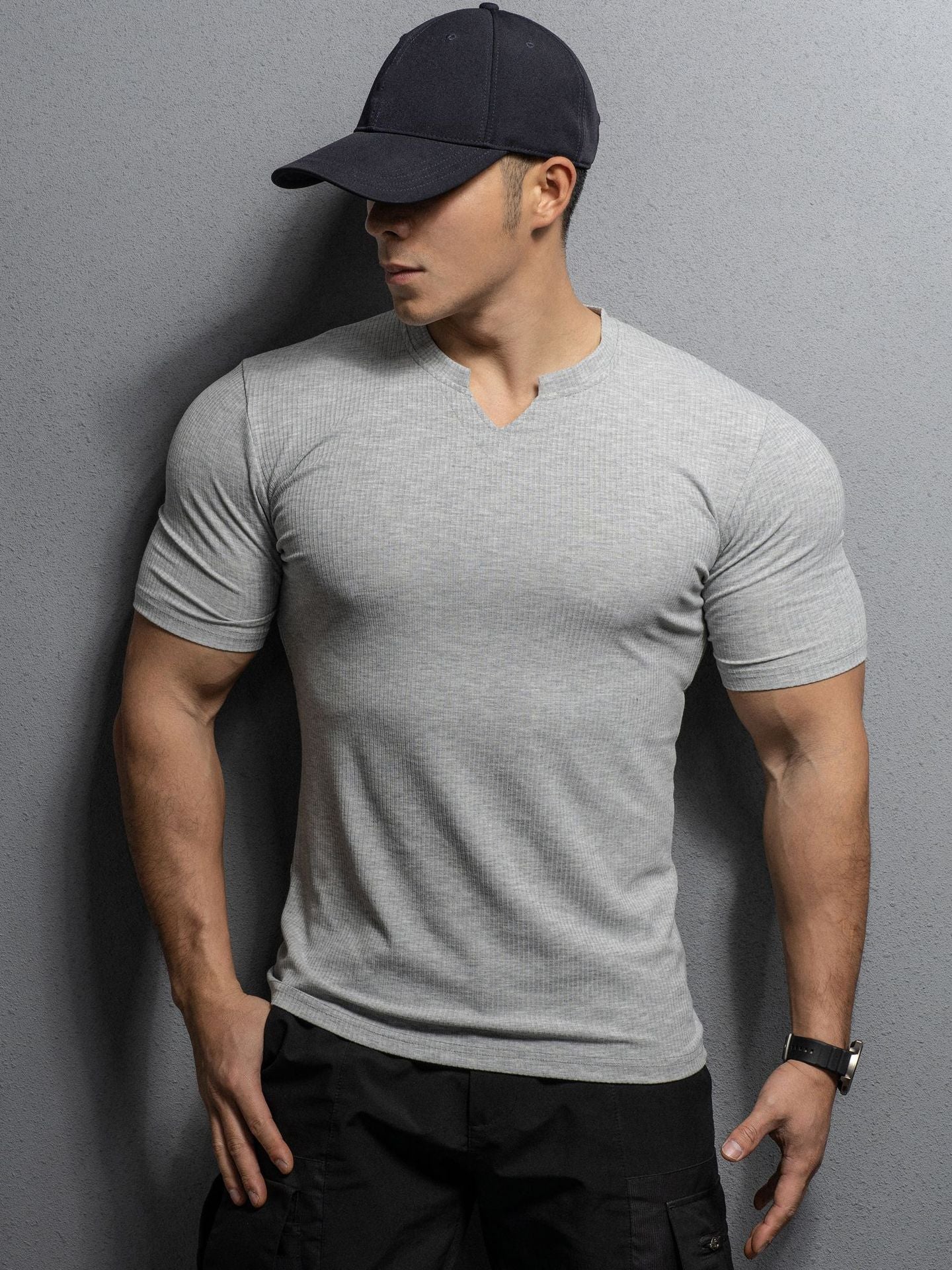 Men’s V-Neck Slim Fit T-Shirt – Summer Striped Gym Tee