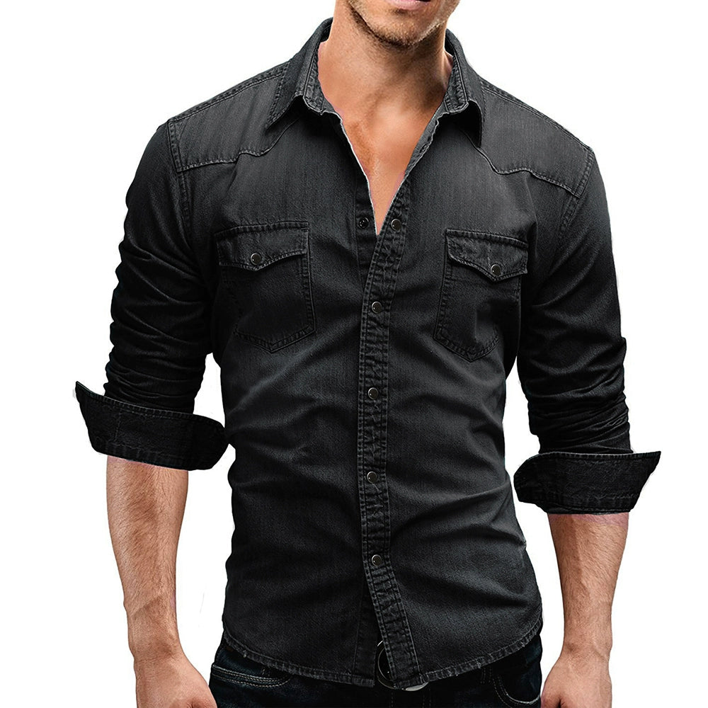 Men’s Slim Fit Denim Shirt Long Sleeve Casual T-Shirt