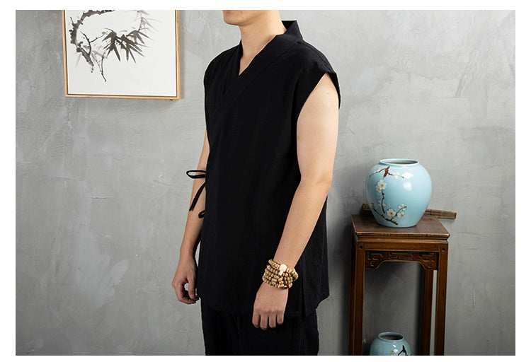 Traditional Chinese Clothing  Hanfu Men Linen cotton sleeveless Jacket mens tang suit Kimono Cardigan Male Open Stitch Coat