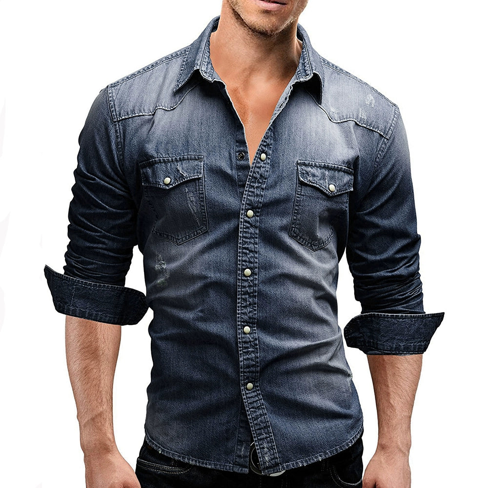 Men’s Slim Fit Denim Shirt Long Sleeve Casual T-Shirt