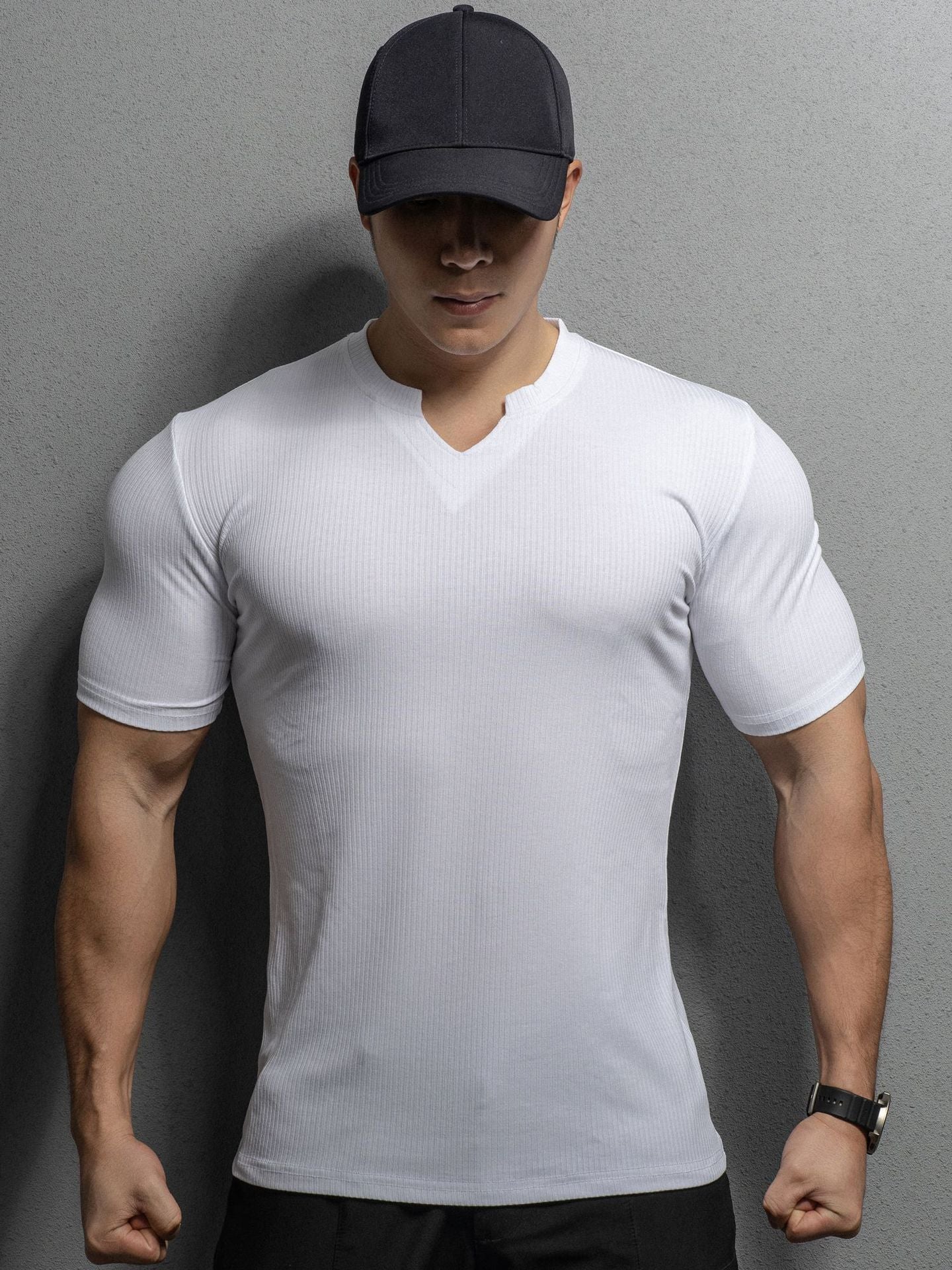 Men’s V-Neck Slim Fit T-Shirt – Summer Striped Gym Tee