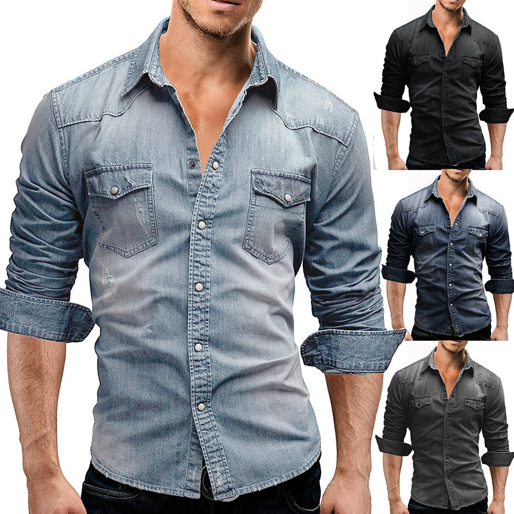 Men’s Slim Fit Denim Shirt Long Sleeve Casual T-Shirt