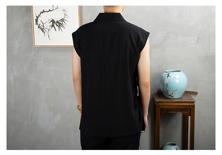 Traditional Chinese Clothing  Hanfu Men Linen cotton sleeveless Jacket mens tang suit Kimono Cardigan Male Open Stitch Coat