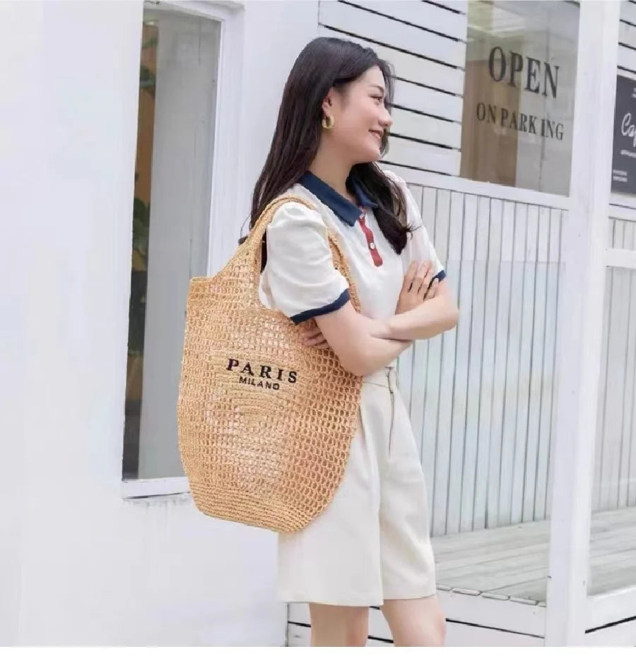 Women's Summer Beach Straw Style Tote Bag Handwoven Large Capacity Luxury Designer Travel Handbags Casual Portable Shoulder Bags