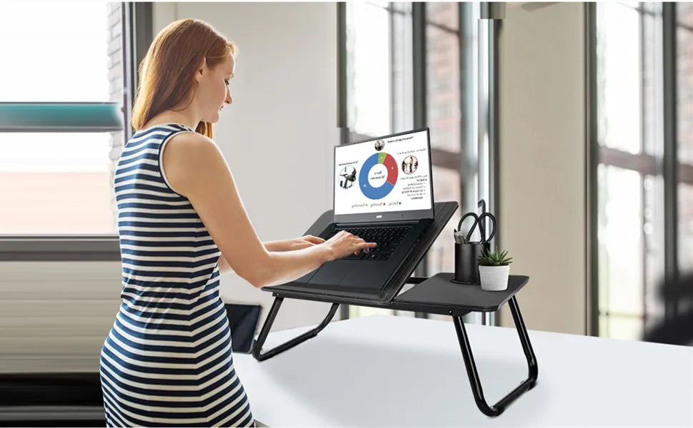 Work/Study in Bed Comfortably  Adjustable & Foldable Lap Desk with Cup Holder, Ventilated Design Prevents Overheating.