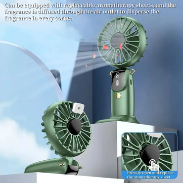 Portable Mini Handheld Neck Hanging Fan USB Rechargeable Battery Foldable Phone Holder with Aromatherapy for Car Home Office