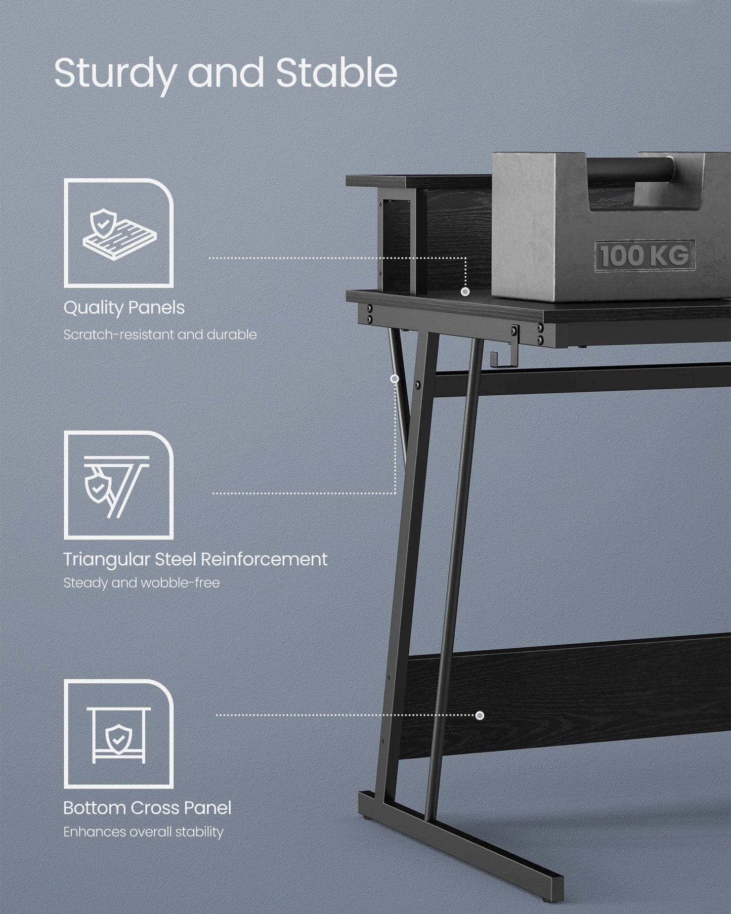 VASAGLE Gaming Desk with LED Lights and Built-In Power Outlets, Computer Desk with Monitor Shelf, Gaming Table, 100x61x91cm
