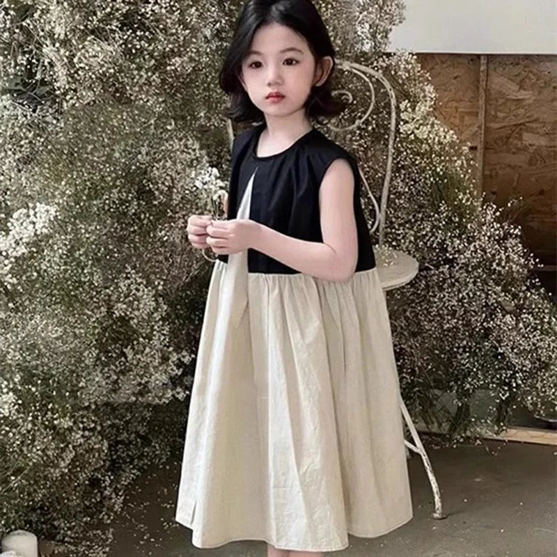 Summer New Children's Dress Japanese and Korean Style Fake Two Pieces Girl's Dress A-line Skirt Personalized Patchwork Dress'