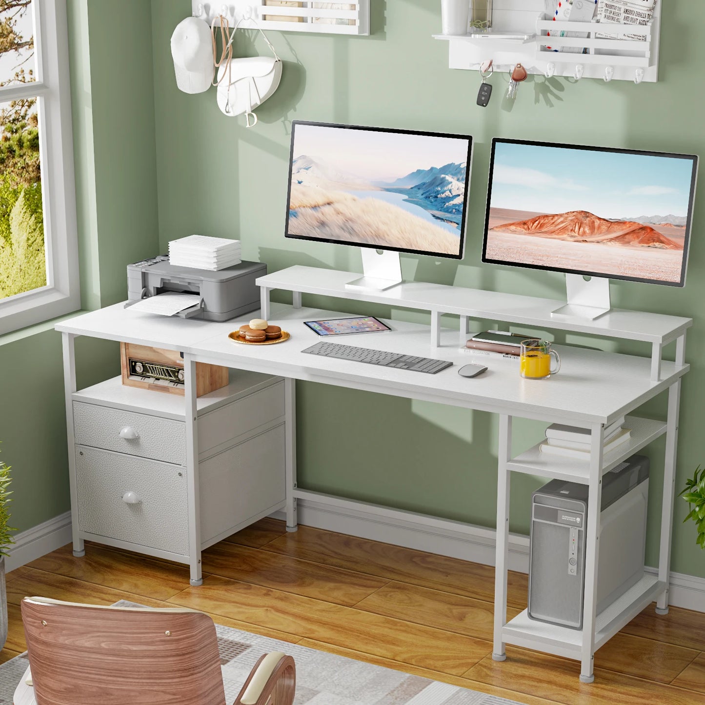 Satifur 93 inch 2-person Office Desk with Power Sockets and LED Lights,61in Computer Desk,Home Work Desk,Monitor Stands, Drawers