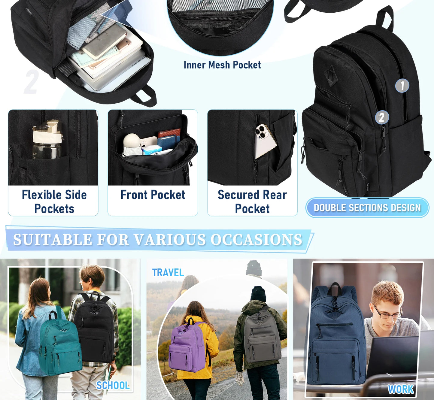 School Backpack,Two Compartments Daypack Bookbag Schoolbag for High School Teen Boy Girls/College/Work/Men Women