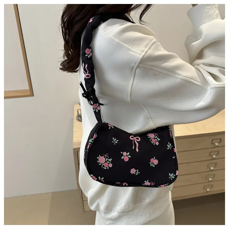 Women's Underarm Bag Summer Canvas Pleated Handlebags Armpit Purse FloralBow Printed Zipper Tote Handbag Female Y2k Shoulder Bag